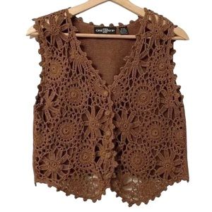 Vintage Boho Crochet Button-Down Sweater Vest Size Medium
